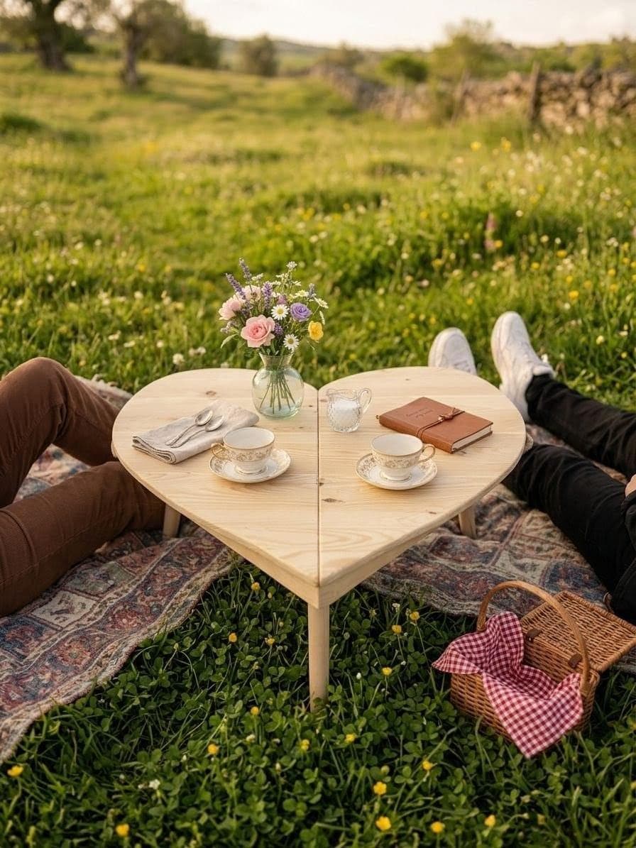 Heart Shaped Pine Wood Picnic Table, Foldable Boho Outdoor Furniture
