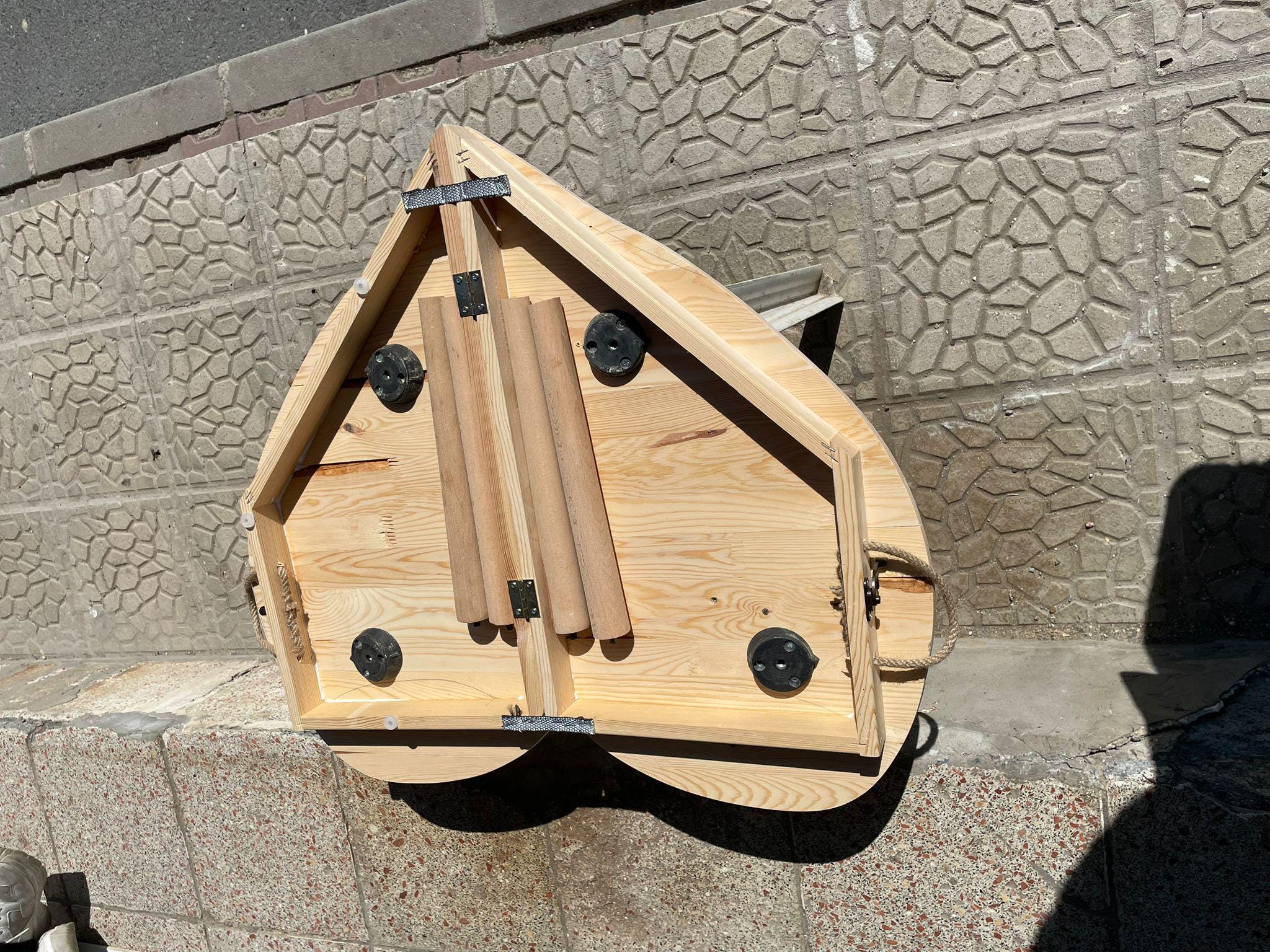 Heart Shaped Pine Wood Picnic Table, Foldable Boho Outdoor Furniture