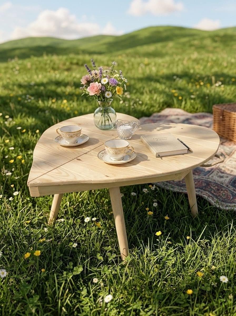 Heart Shaped Pine Wood Picnic Table, Foldable Boho Outdoor Furniture