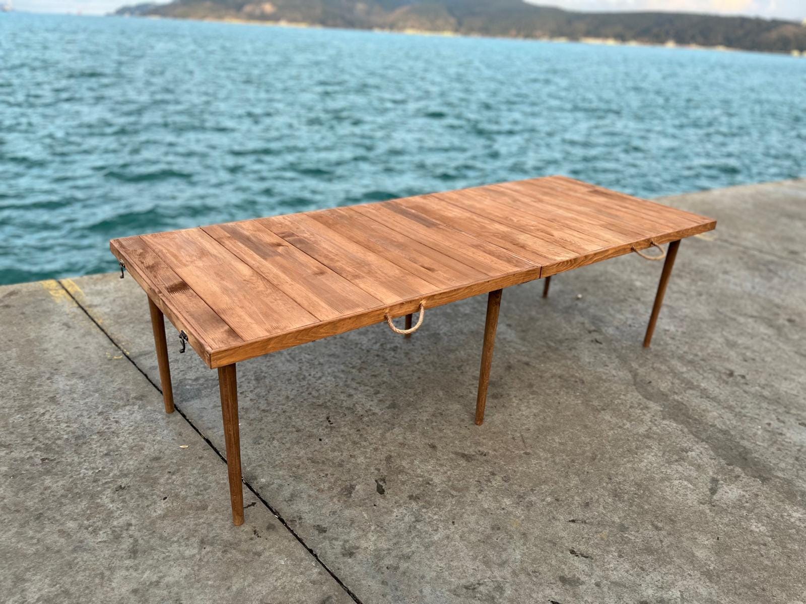 Handmade Pine Wood Picnic Table, Boho Foldable Camp Furniture (28x90 inch)