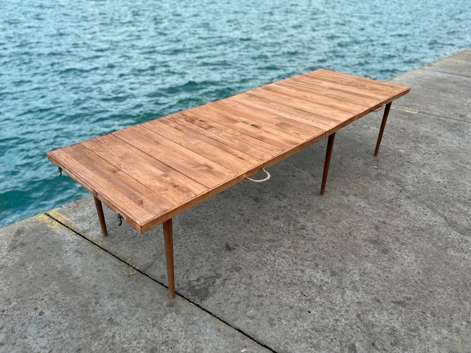 Handmade Pine Wood Picnic Table, Boho Foldable Camp Furniture (28x90 inch)