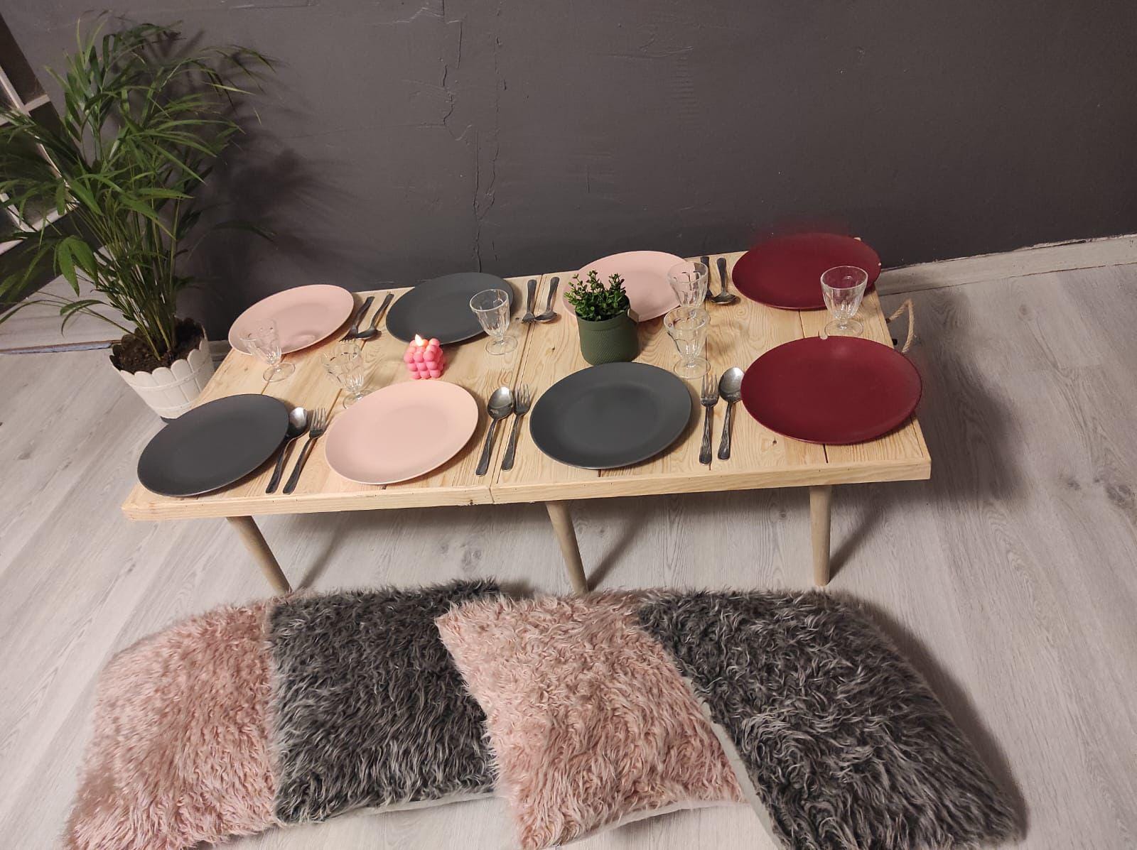 Scandinavian Pine Wood Foldable Low Table, Minimalist Floor Dining Table