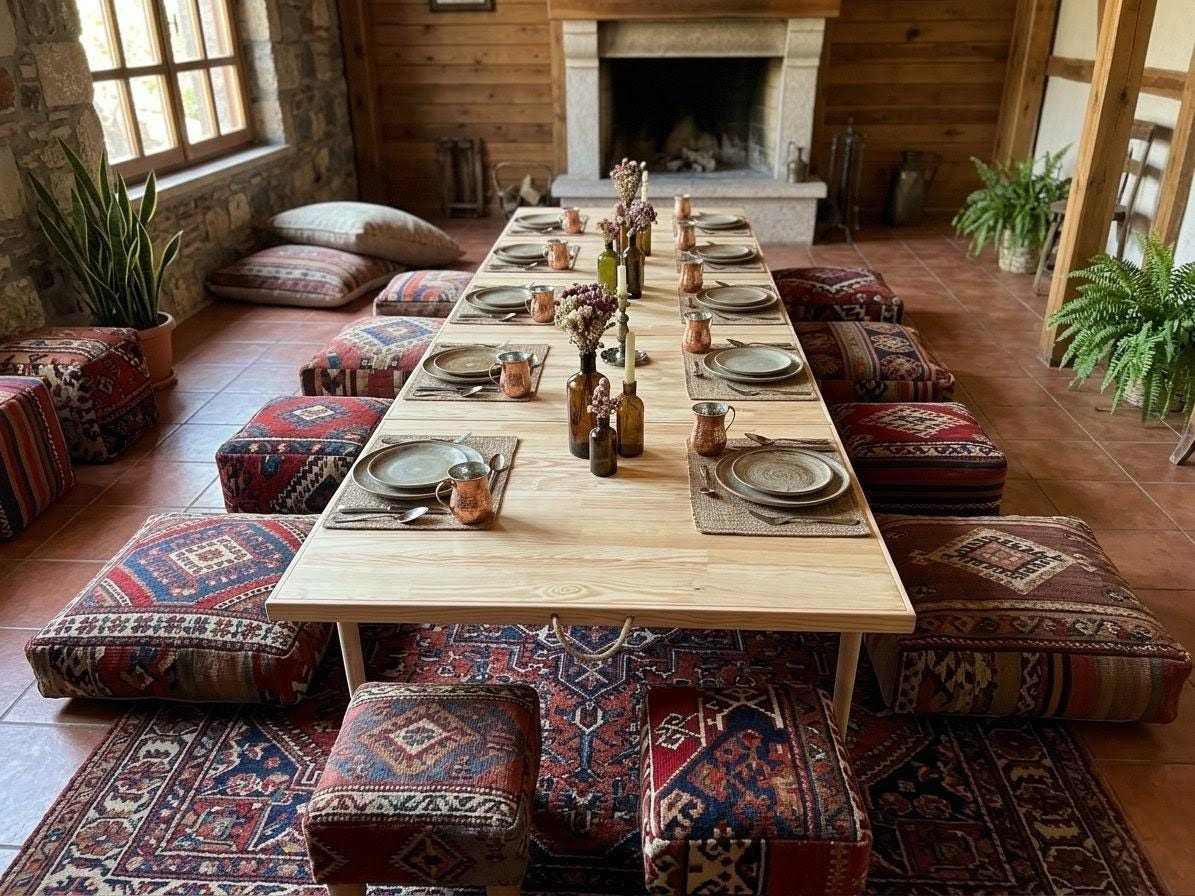 Handmade Pine Wood Picnic Table, Boho Outdoor Furniture, Foldable Design (28x80 inch)