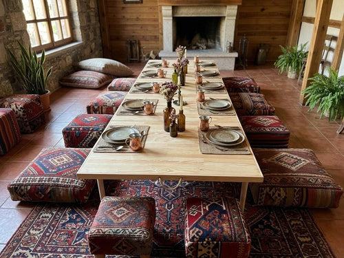 Handmade Pine Wood Picnic Table, Boho Outdoor Furniture, Foldable Design (28x80 inch)