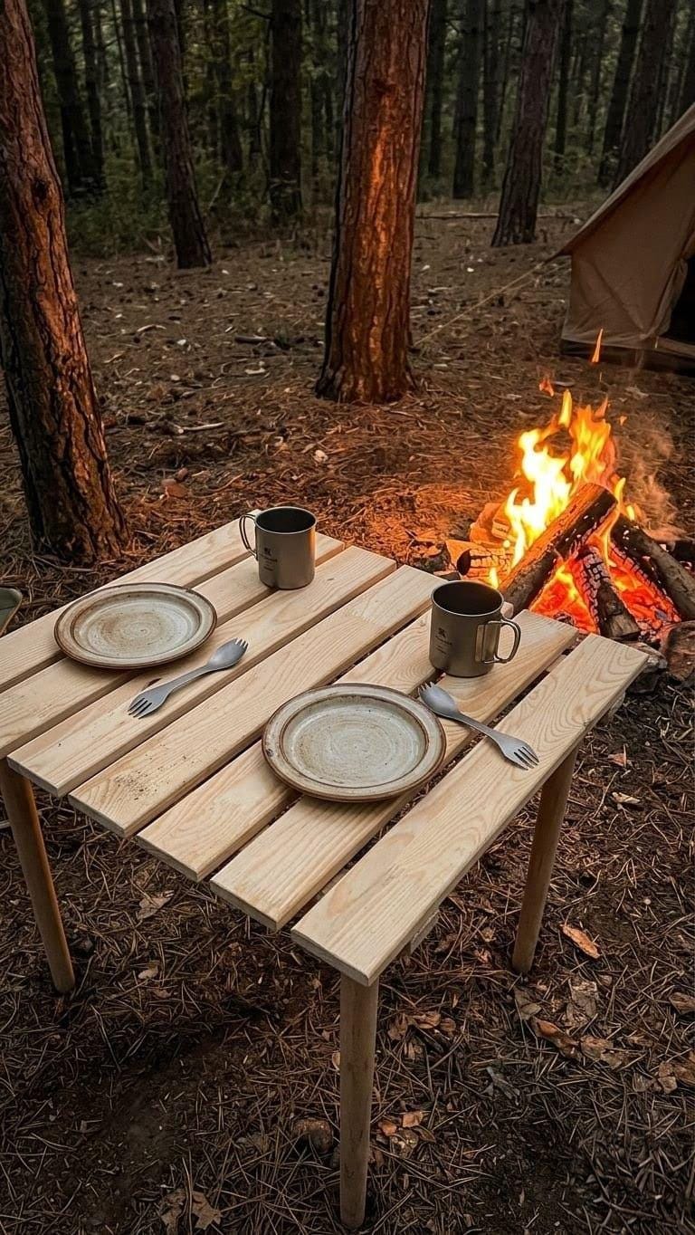 Handmade Pine Wood Foldable Table, Boho Picnic Camp Decor (24x24inch H19inch)
