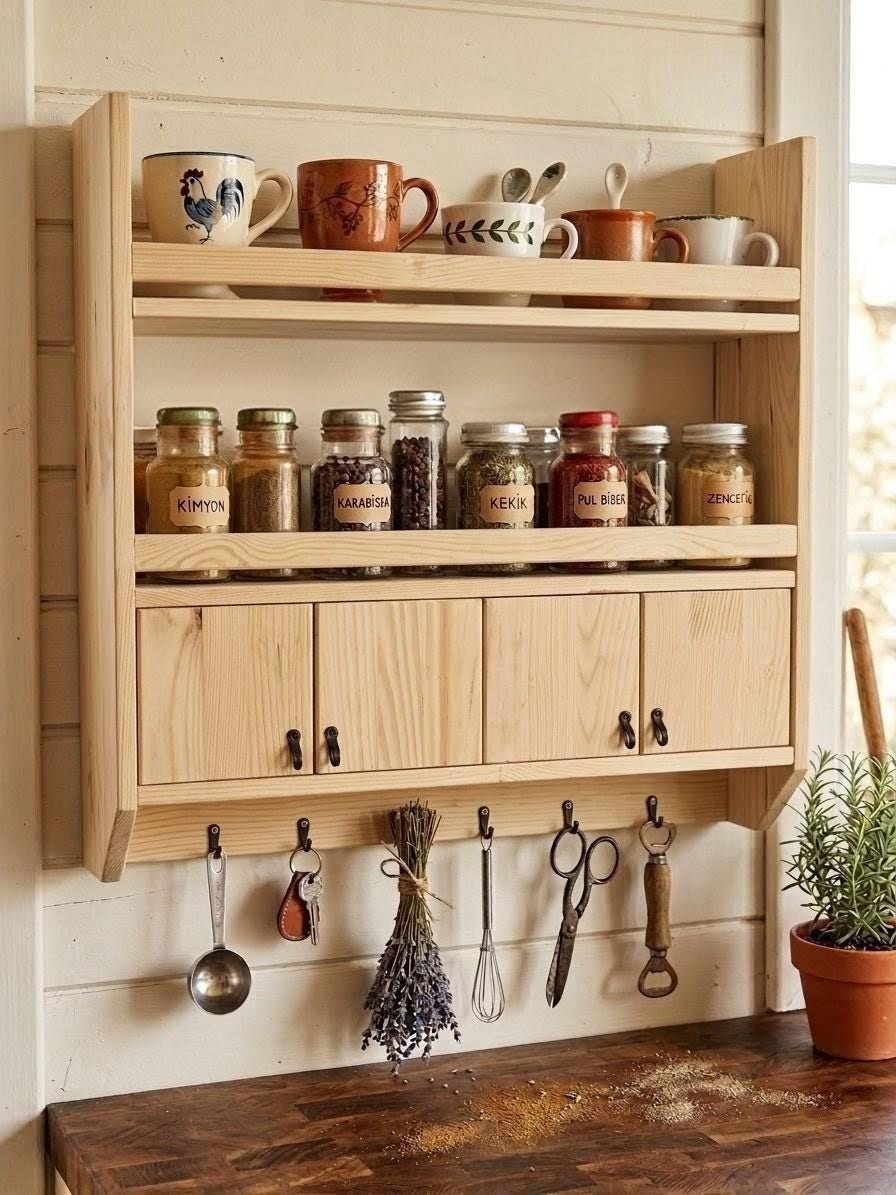 Handmade Wooden Wall Shelf, Spice Rack, Rustic Style Hanging Shelf, Solid Wood Wall Shelf for Kitchen