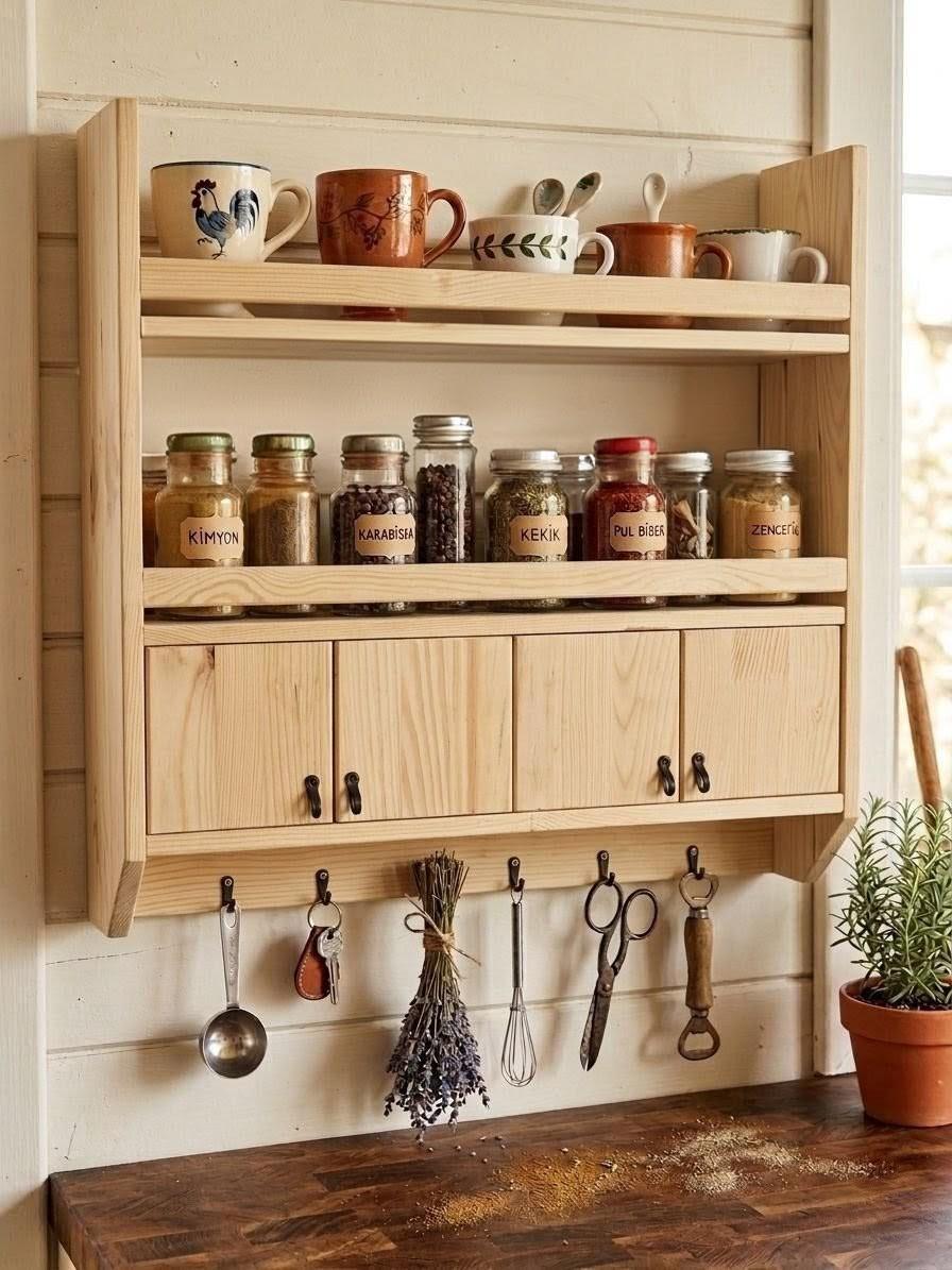 Handmade Wooden Wall Shelf, Spice Rack, Rustic Style Hanging Shelf, Solid Wood Wall Shelf for Kitchen