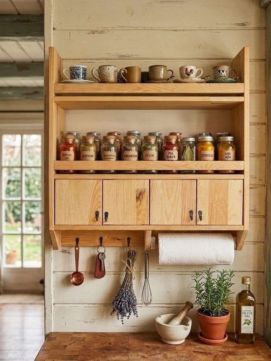 Handmade Wooden Wall Shelf, Spice Rack, Rustic Style Hanging Shelf, Solid Wood Wall Shelf for Kitchen