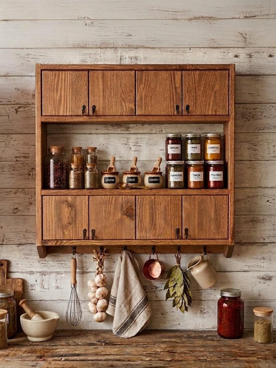 Handmade Wooden Wall Shelf, Spice Rack, Rustic Style Hanging Shelf, Solid Wood Wall Shelf for Kitchen