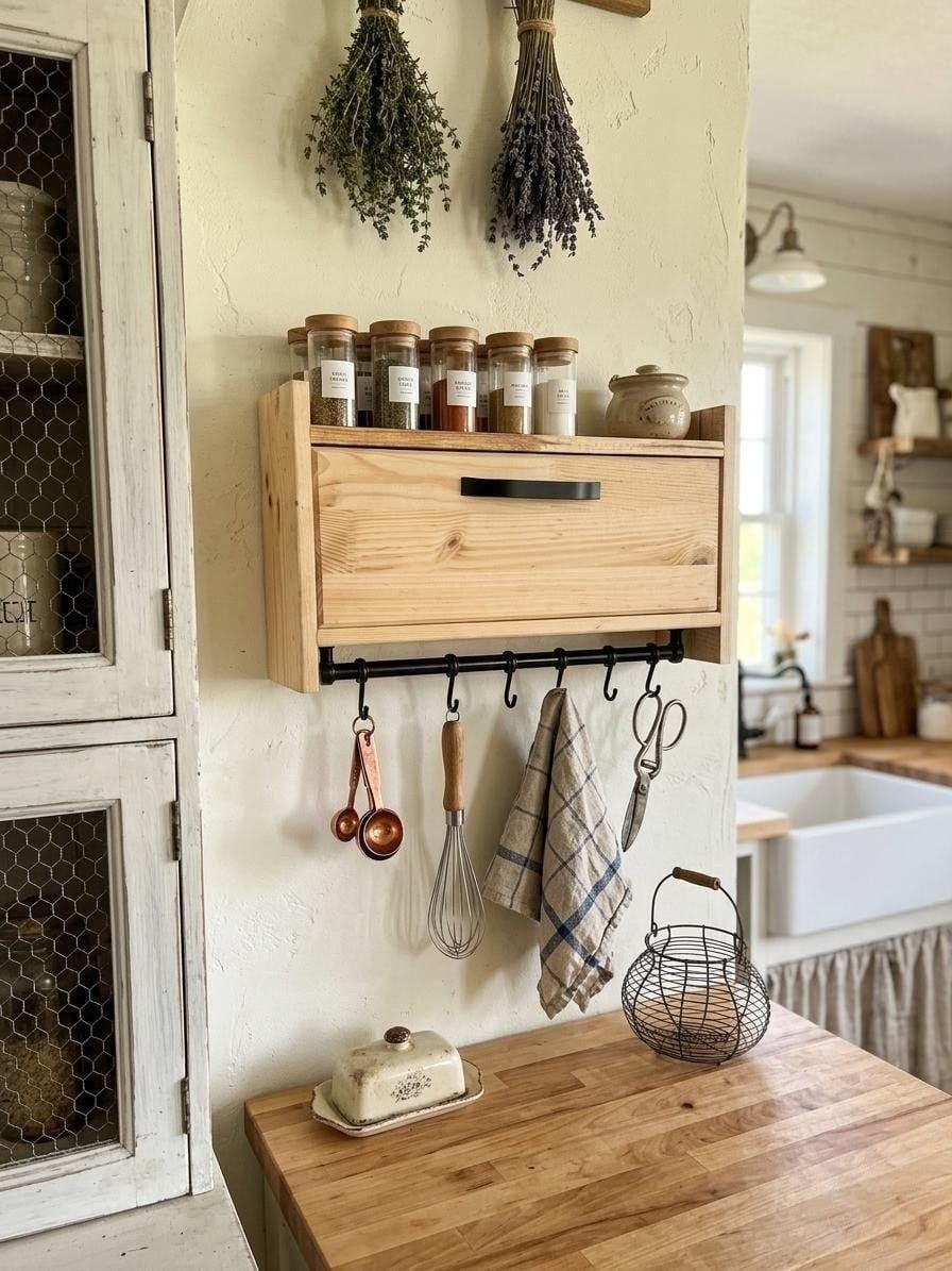 Handmade Wooden Wall Shelf, Spice Rack, Rustic Style Hanging Shelf, Solid Wood Wall Shelf for Kitchen
