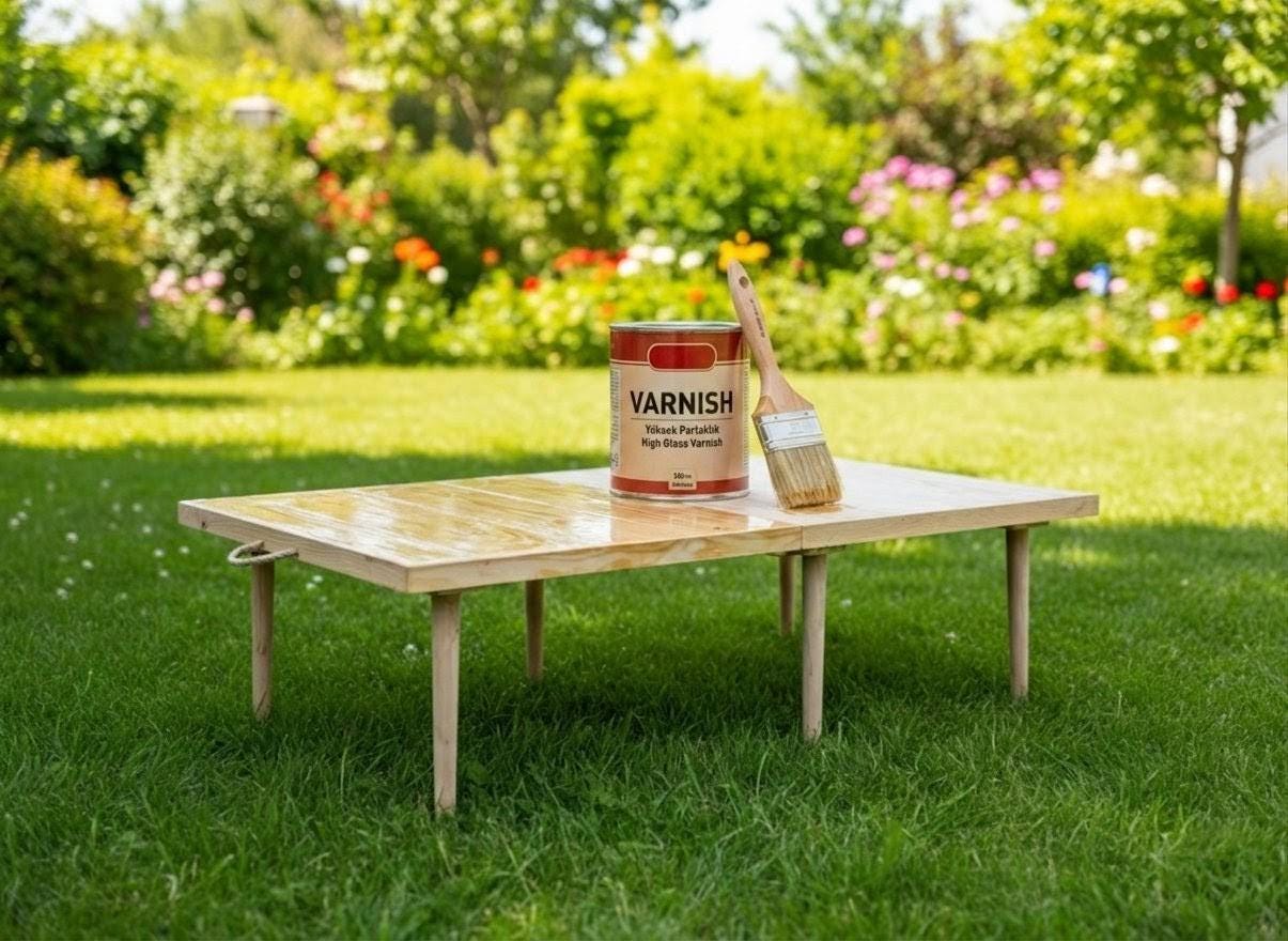 Applying varnish to your tables, foldable Pine Wood Table, Boho Picnic Party Decor, Low Camp Table